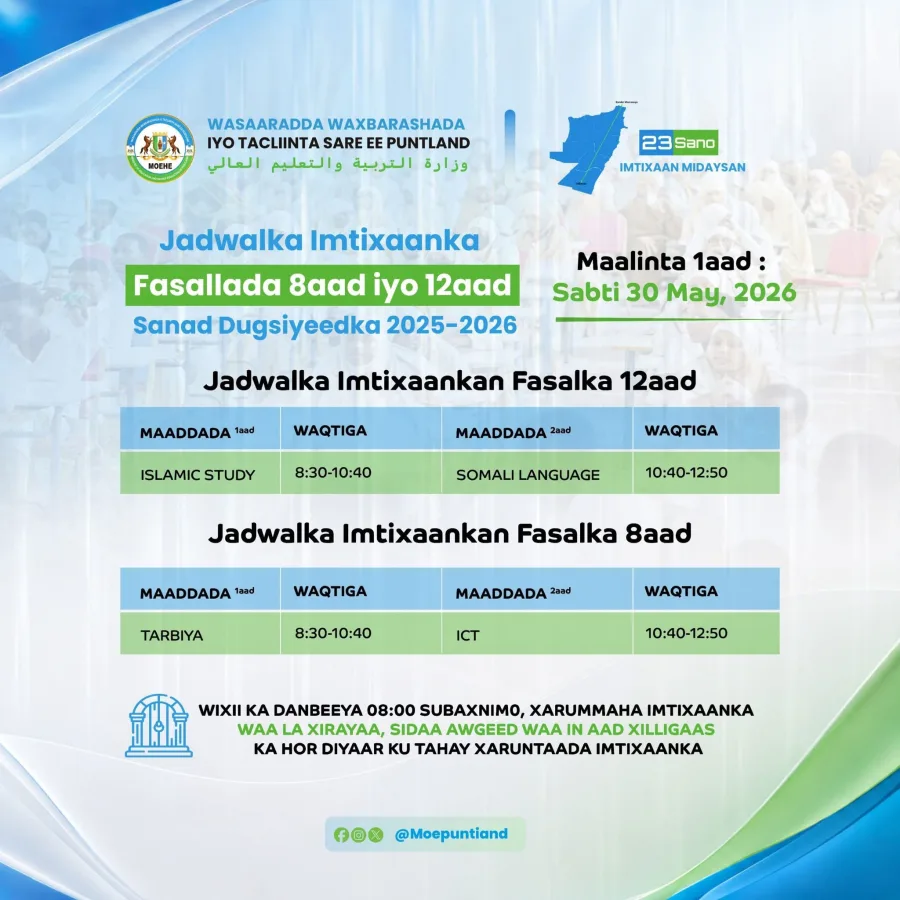 Ardayda Puntland oo sanadkii 23aad u dareeray imtixaan midaysan.